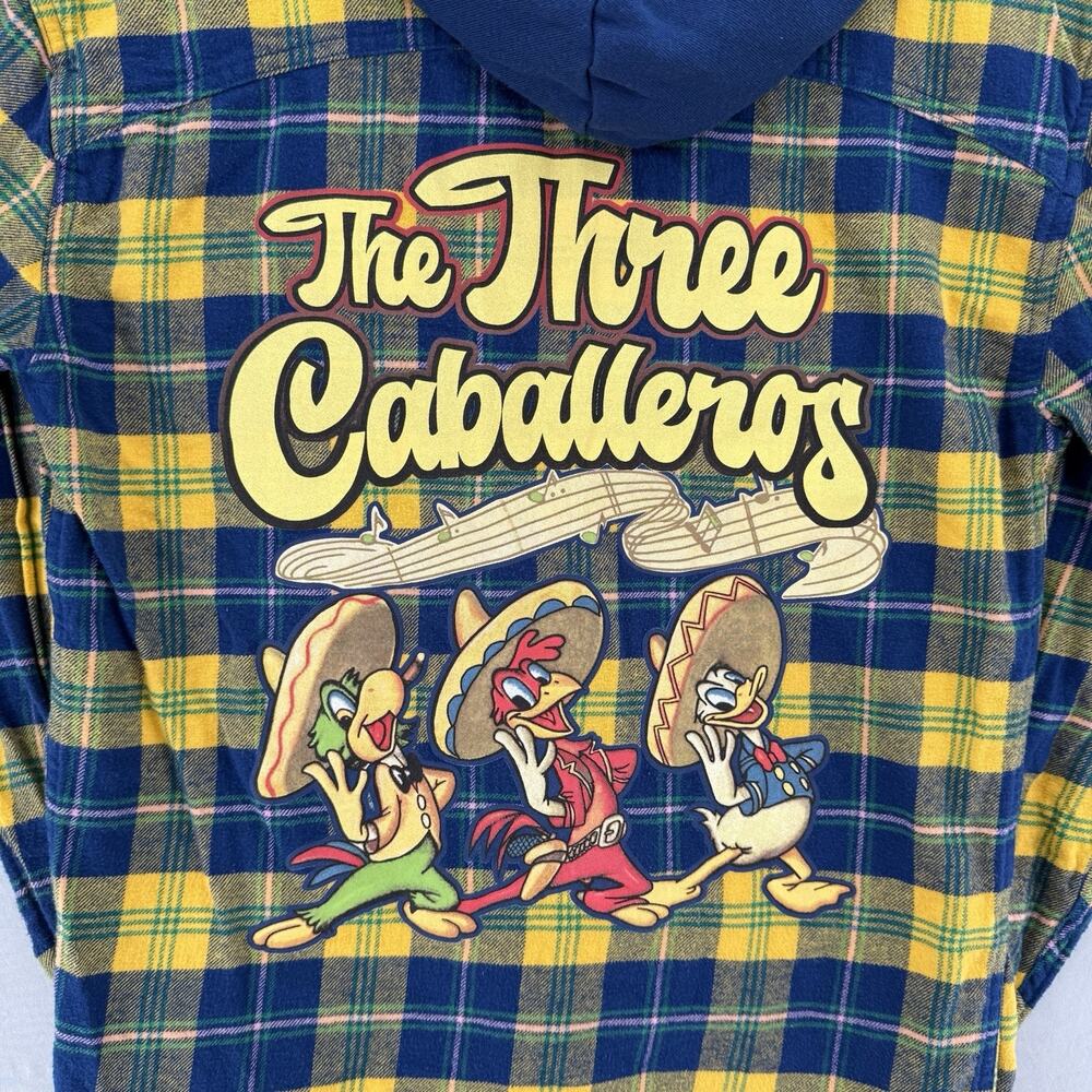 Disney Three Caballeros Donald Duck Zip Flannel Hoodie XS Full Zip Yellow Blue - Picture 2 of 11